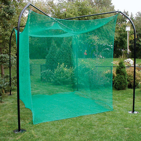 Model #1299GCNHP. Backyard golf cage with green net and black poles.