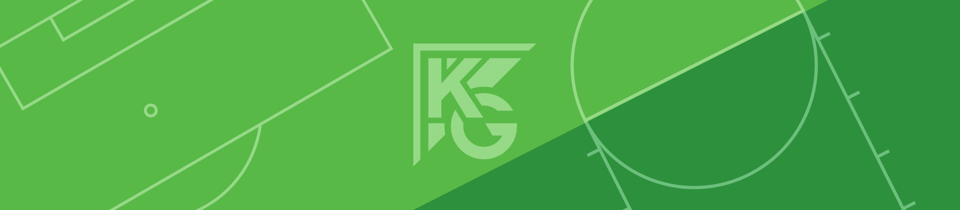Abstract green graphic background with white outlines of soccer field elements and KG logo in the center.