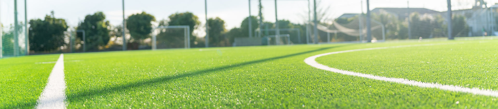 Close-up view of a green soccer field with white boundary lines, goal posts in the background, and trees along the edge of the field under a bright, sunny sky.