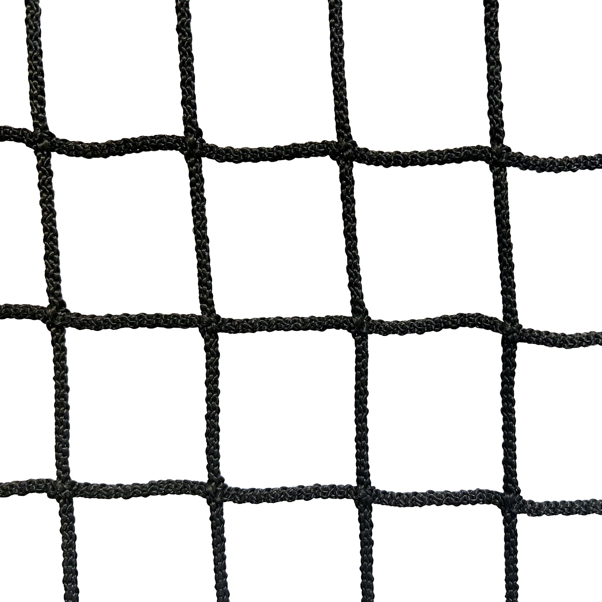 Black netting with square-shaped openings, like that found on Folding Aluminum Soccer Goals, forms an uneven grid pattern against a white background.