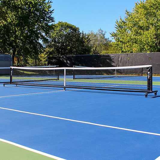 Portable pickleball net system with wheels