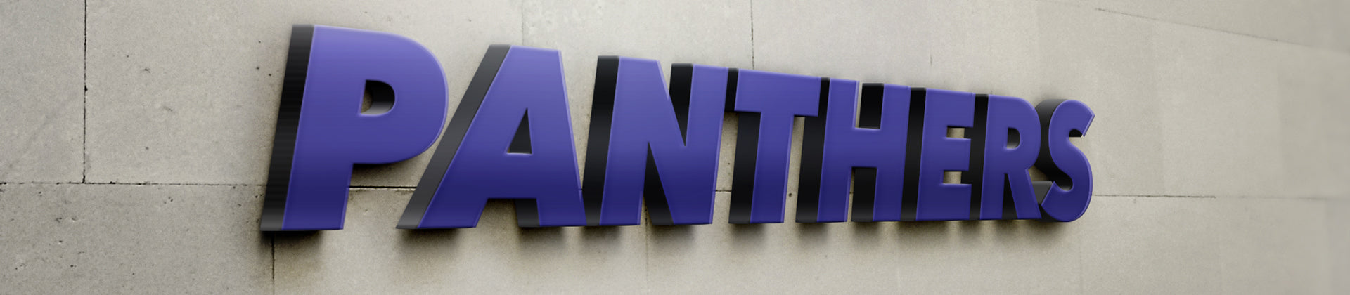 The word PANTHERS in bold, 3D blue letters is mounted on a light gray concrete wall.