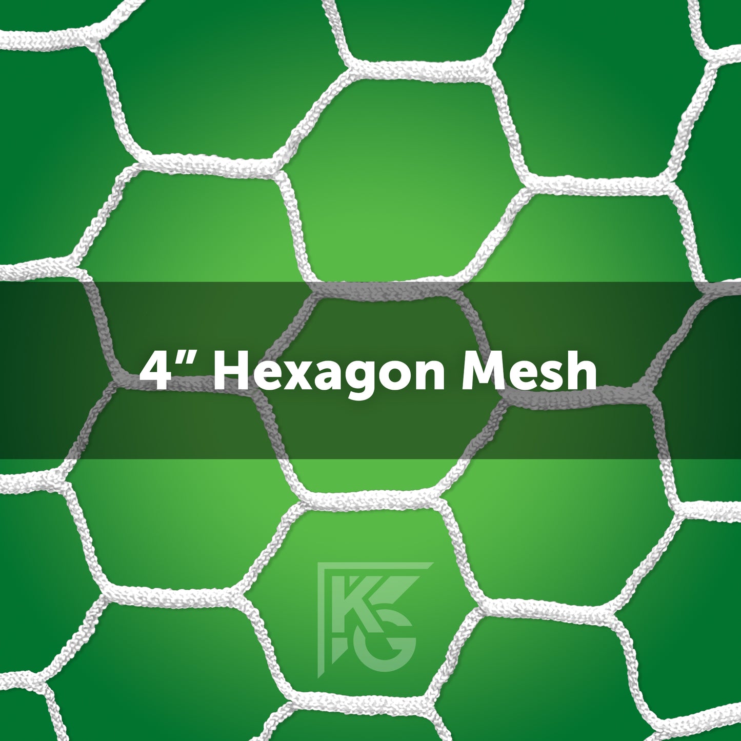 White hexagonal mesh net with 4-inch openings on a green background. 8 x 24 Box Soccer Nets (Depth: 66\T - 66\B) HTPP 4mm is centered over the mesh, with a faint KG logo below—ideal for box-style goals.