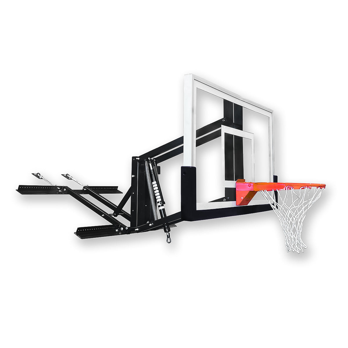 The RoofMaster Roof Mount Basketball Hoop features a transparent backboard, orange rim, white net, and black metal support for roof or wall installation. This adjustable basketball goal is shown isolated on a white background.