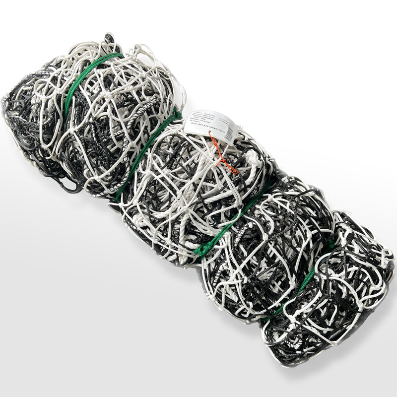 Black and white diagonally striped soccer net for 8' x 24' soccer goal. Shown bundled up for shipping.