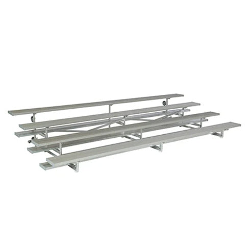 The 3 and 4 Row Tip N Roll Low-Rise Standard Bleachers feature aluminum seats, open sides, durable non-marring wheels for easy mobility, and a backless design—ideal for comfortable spectator seating at events.