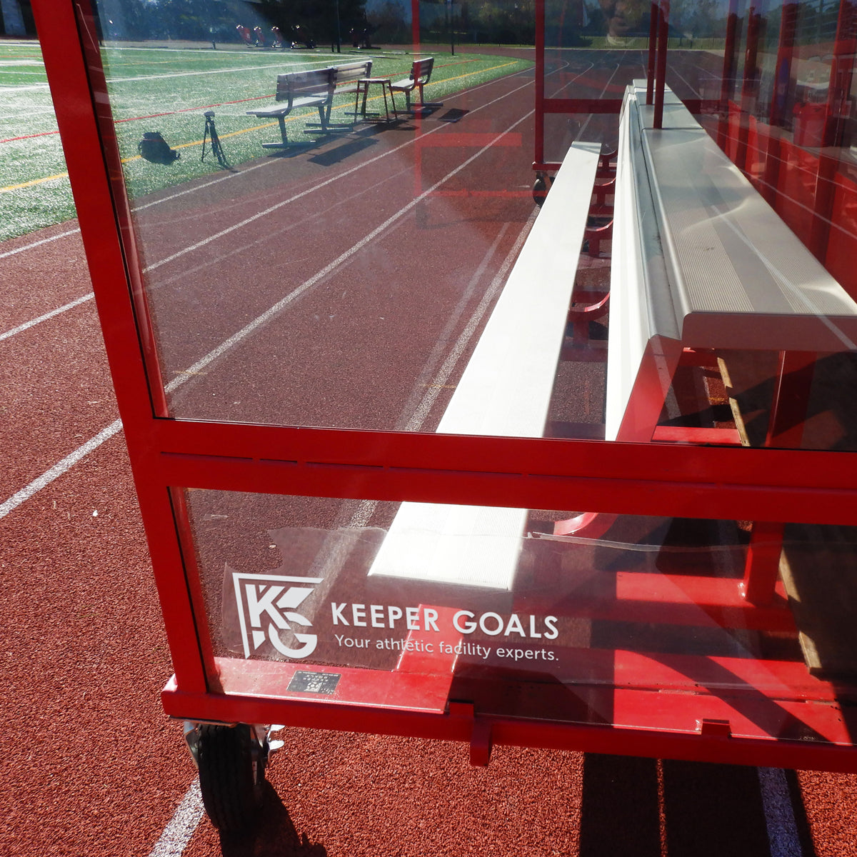 Model #ABS20. Built-in aluminum bench with top shelf inside team shelter.