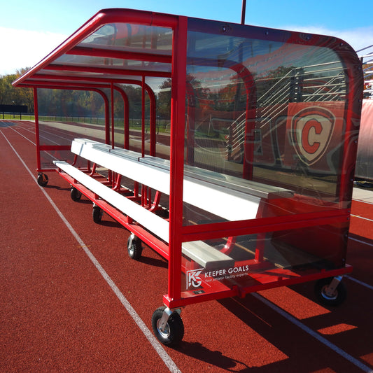 Model #ABS20. Built-in aluminum bench with top shelf inside team shelter.