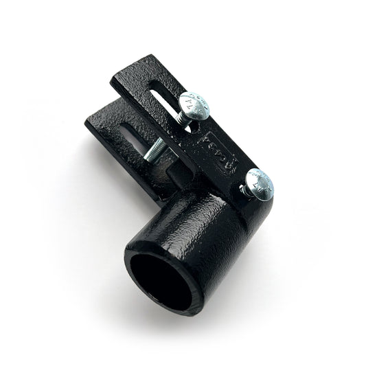 The Steel Bracket For Base of Aluminum Folding Goal is shown with a cylindrical opening and a flat, slotted mounting plate, secured by two silver screws, photographed against a white background.