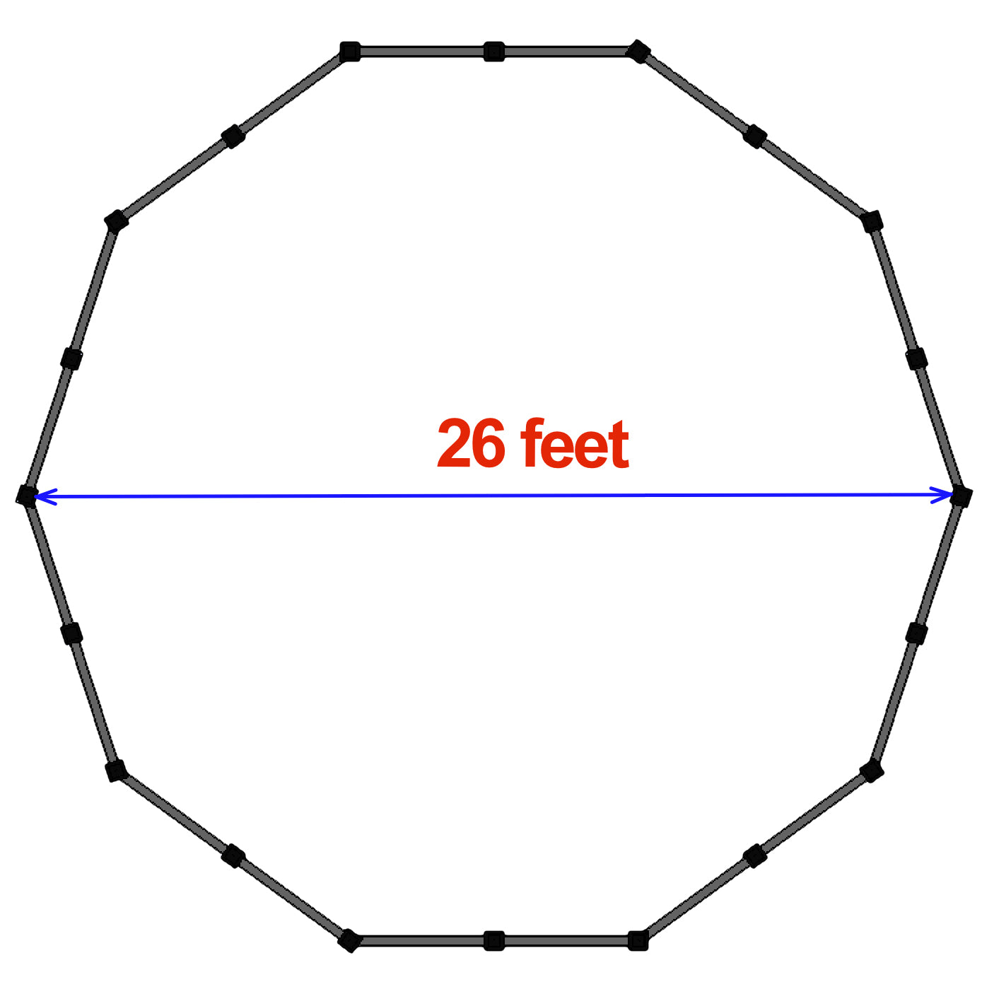 A black outlined 12-sided polygon displays a blue horizontal line labeled "26 feet" in red, indicating the width of the ADA-compliant APS Premium Gaga Ball Pit | With ADA Gate for playground games.