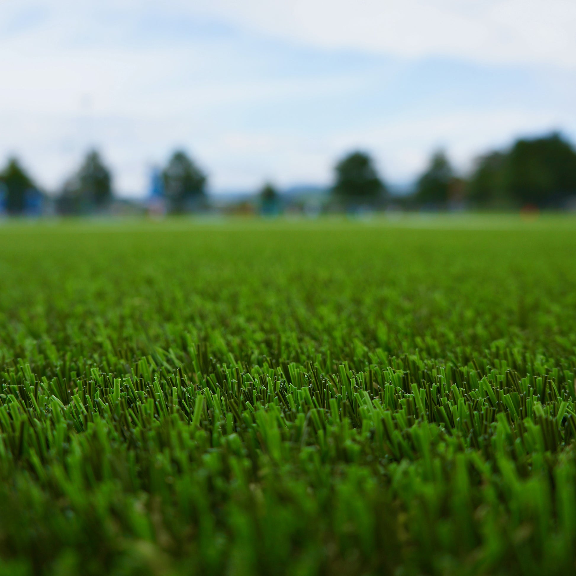 Close-up of green Artificial Turf on an outdoor sports field, with trees and a cloudy sky softly blurred in the background—delivering a realistic playing experience.