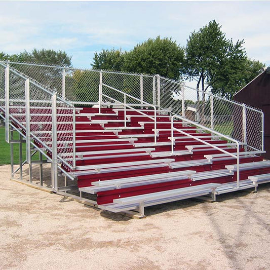 Model #B10R19GR. 10 row bleachers with aisle and red risers.