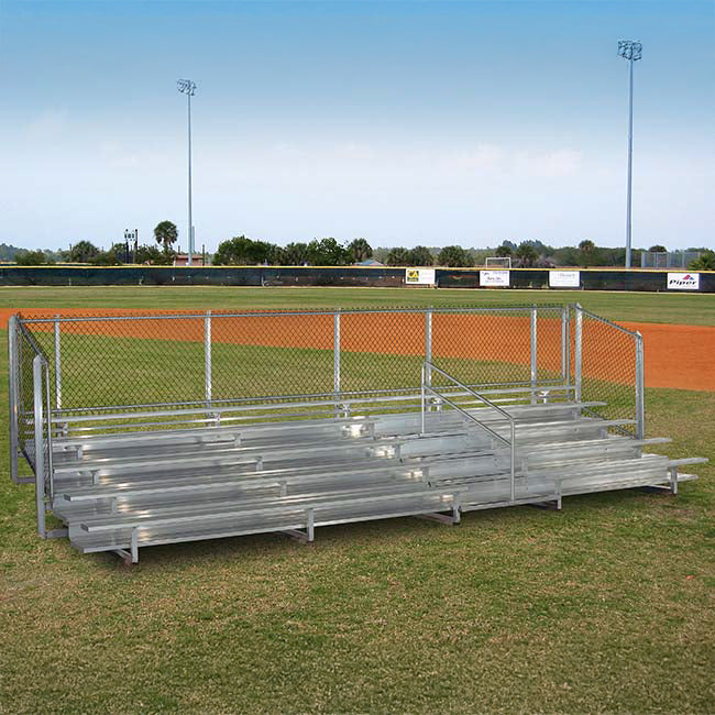 Model #B5R25A1GR. 5 row 25' aluminum bleachers. IBC compliant with guardrail.