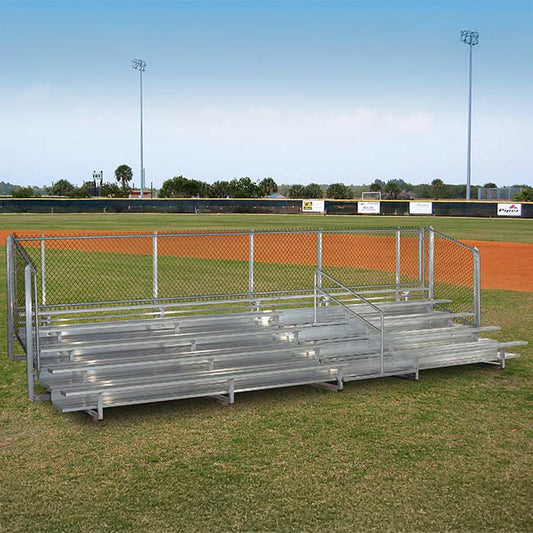 Model #B5R25A1GR. 5 row 25' aluminum bleachers. IBC compliant with guardrail.