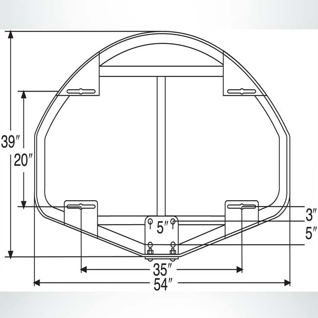 Model #BA44XL. Bison 54" fan-shaped glass backboard measurements.