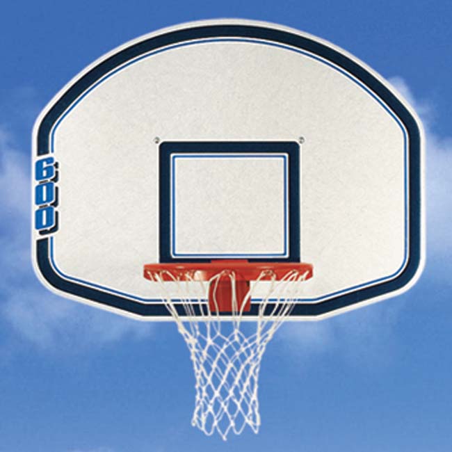 Model #BA600. Bsion 48" fan-shaped molded graphite backboard with blue graphics.