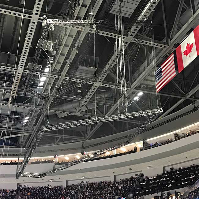 Barrier net for NHL All-Star game. Net hangs from the ceiling to protect the fans. With Sport Resource Group.