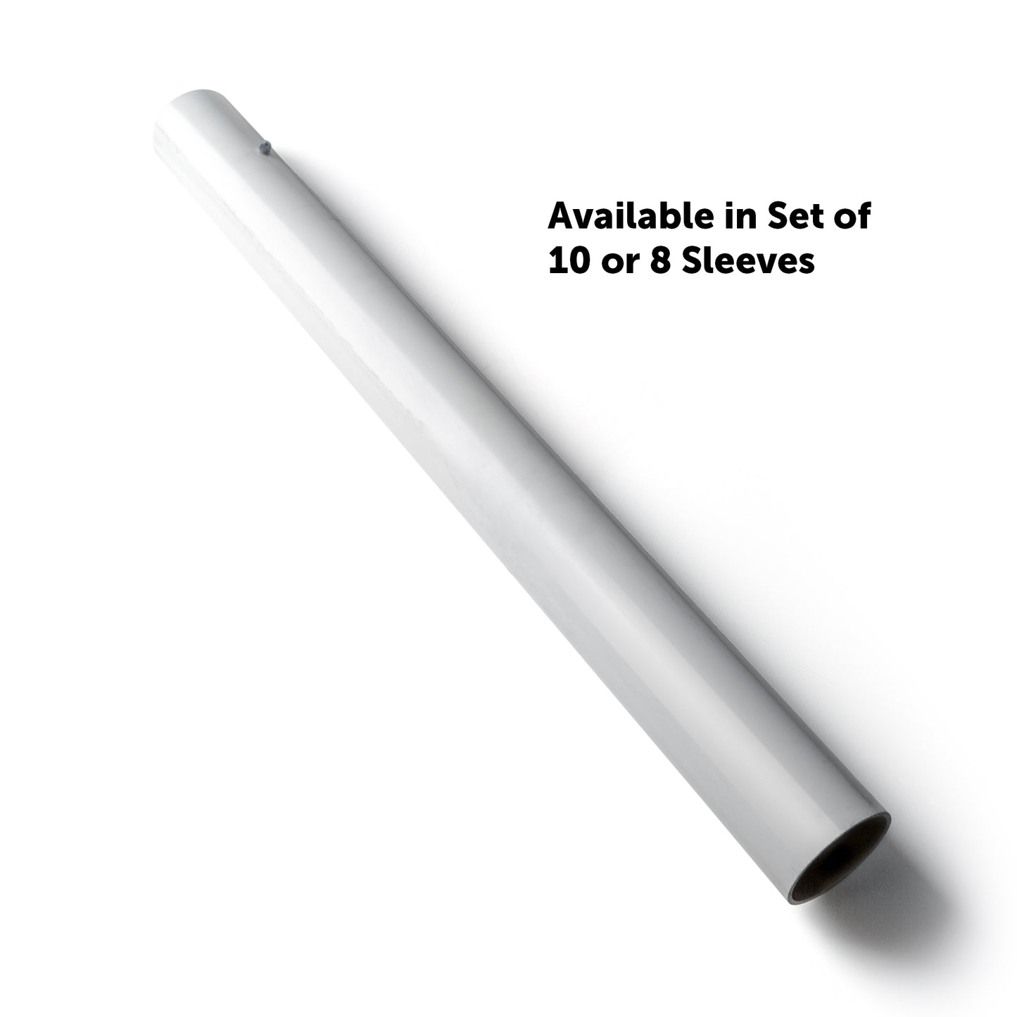 A white cylindrical Ground Sleeve For Single Modular Batting Cages rests diagonally on a white background. Text beside it reads, Available in sets of 8 or 10—ideal for modular batting cage setups.