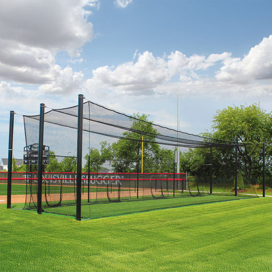 Model #BC70TUFFS1S. Soft toss stations in modular steel batting cages.