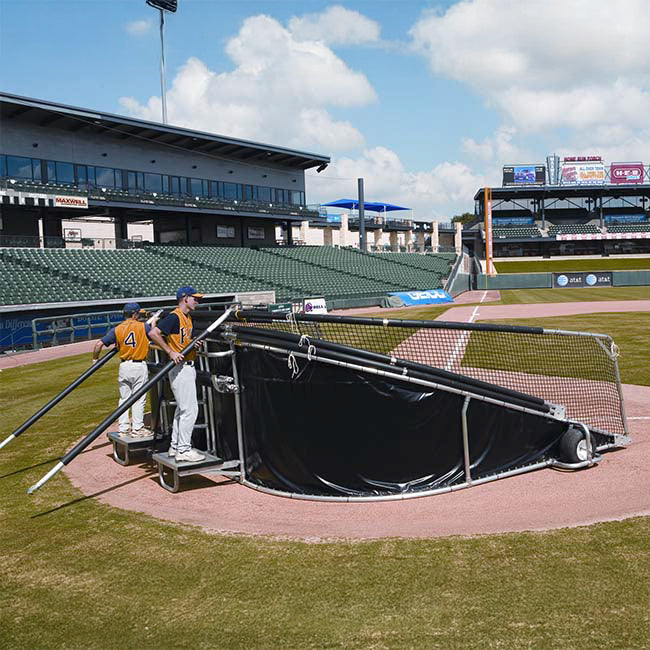 Model #BCBIGBUBBAELITE. Portable baseball batting cage, collapsed.