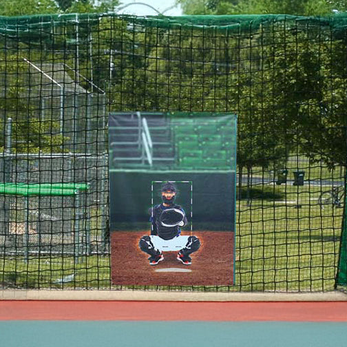 Model #BCPROTSZCAT. Vinyl 5'x7' batting cage net protector with strike zone catcher.