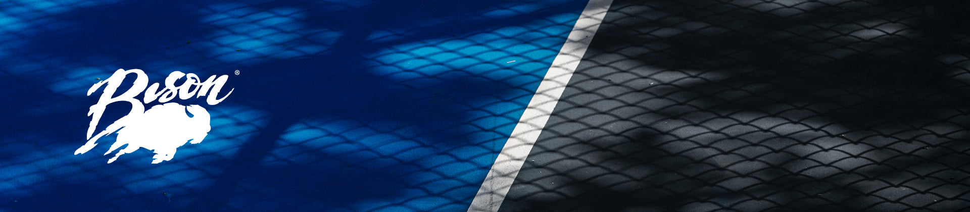 Blue court surface with white boundary line, overlaid by shadows from a chain-link fence. A white bison logo and text appear on the left side of the image.