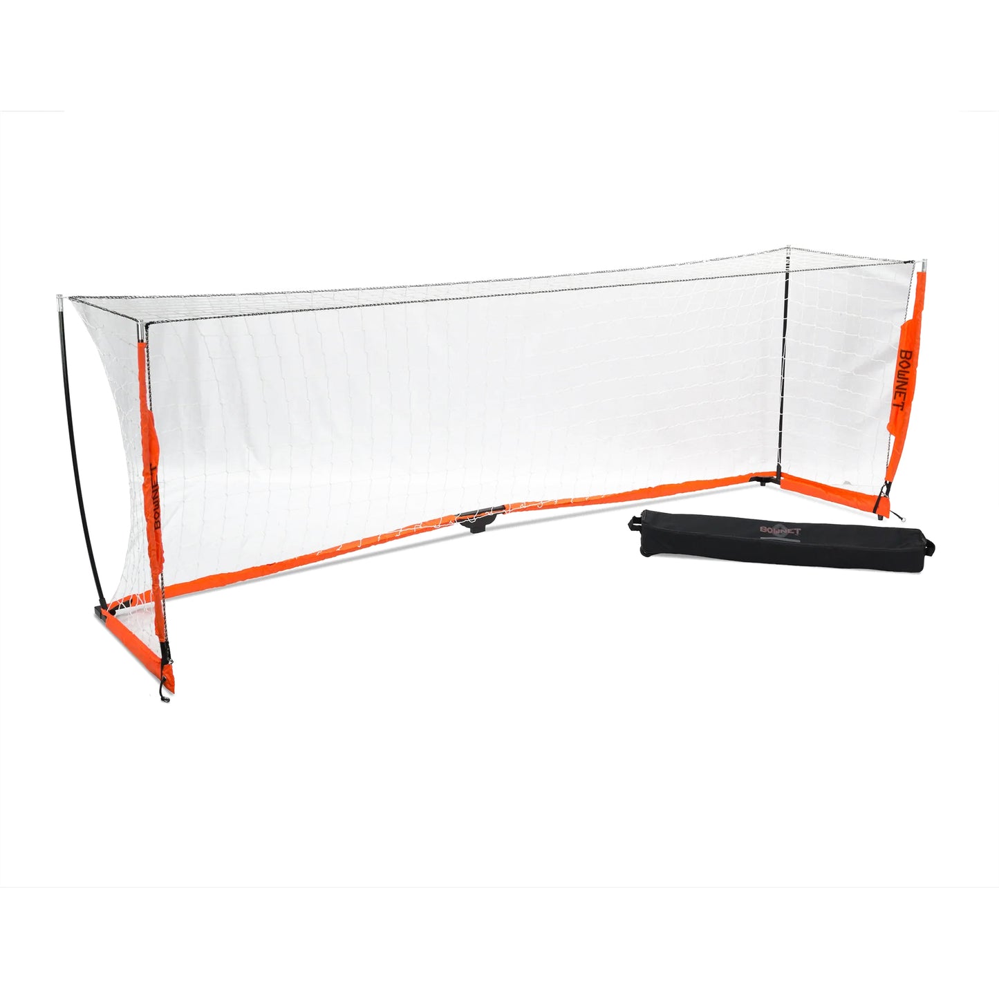 A Bownet Soccer Goal with an orange and white frame is fully set up next to a black carrying case on a white background, featuring an Energy Absorption System for strength, similar to Bownet’s portable soccer goals.