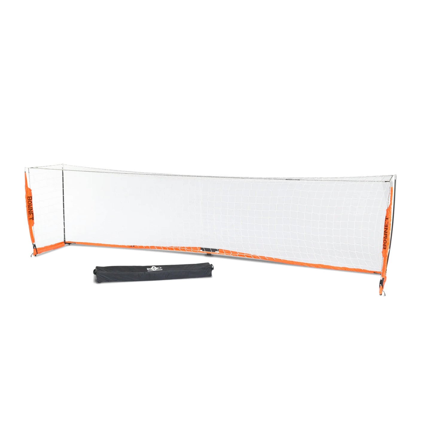 A Bownet Soccer Goal with signature orange and white posts stands on a white background, featuring an Energy Absorption System and a black carrying case placed in front of the goal.