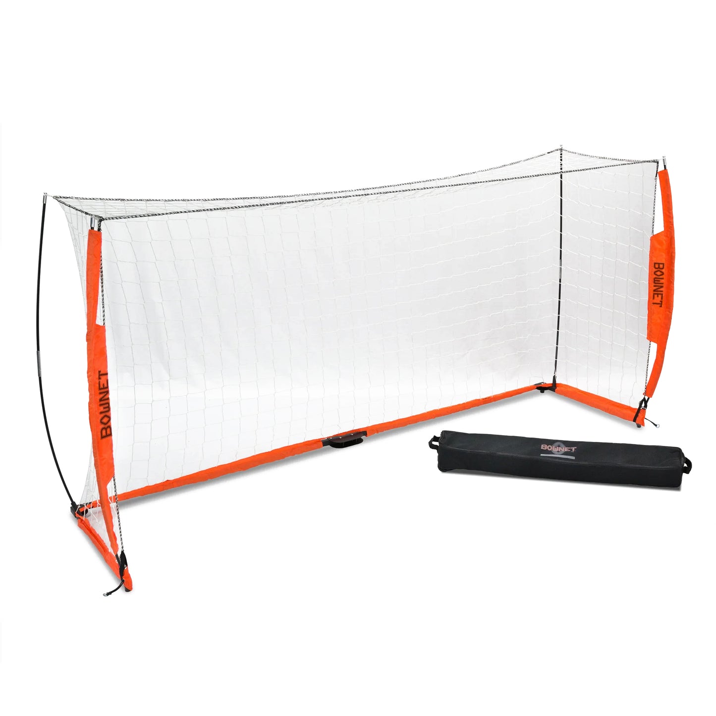 The Bownet Soccer Goal features orange and black poles, Bownet’s Energy Absorption System, a white net, and includes a black carrying case shown beside the goal on a white background.