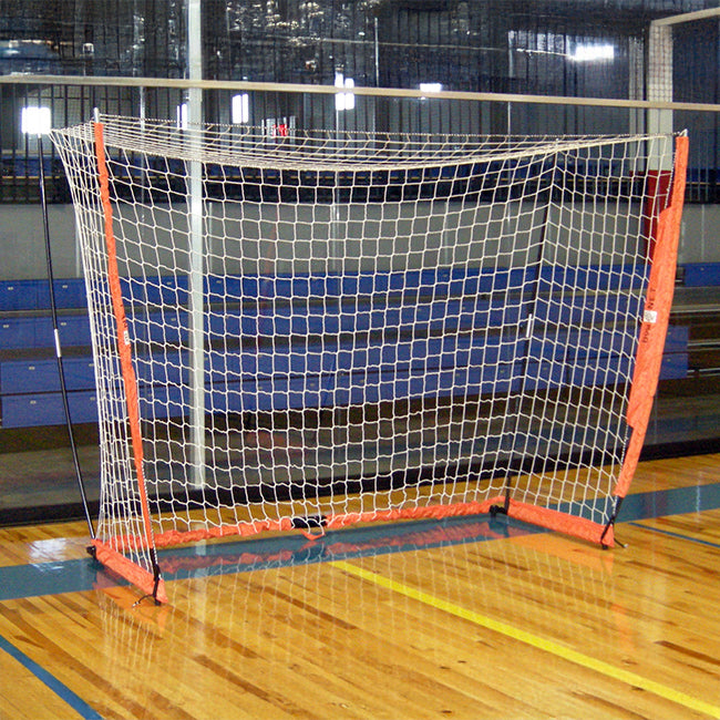 Model #BOWFUTSAL. Portable bownet futsal goal. 3' x 5', white net and orange frame.