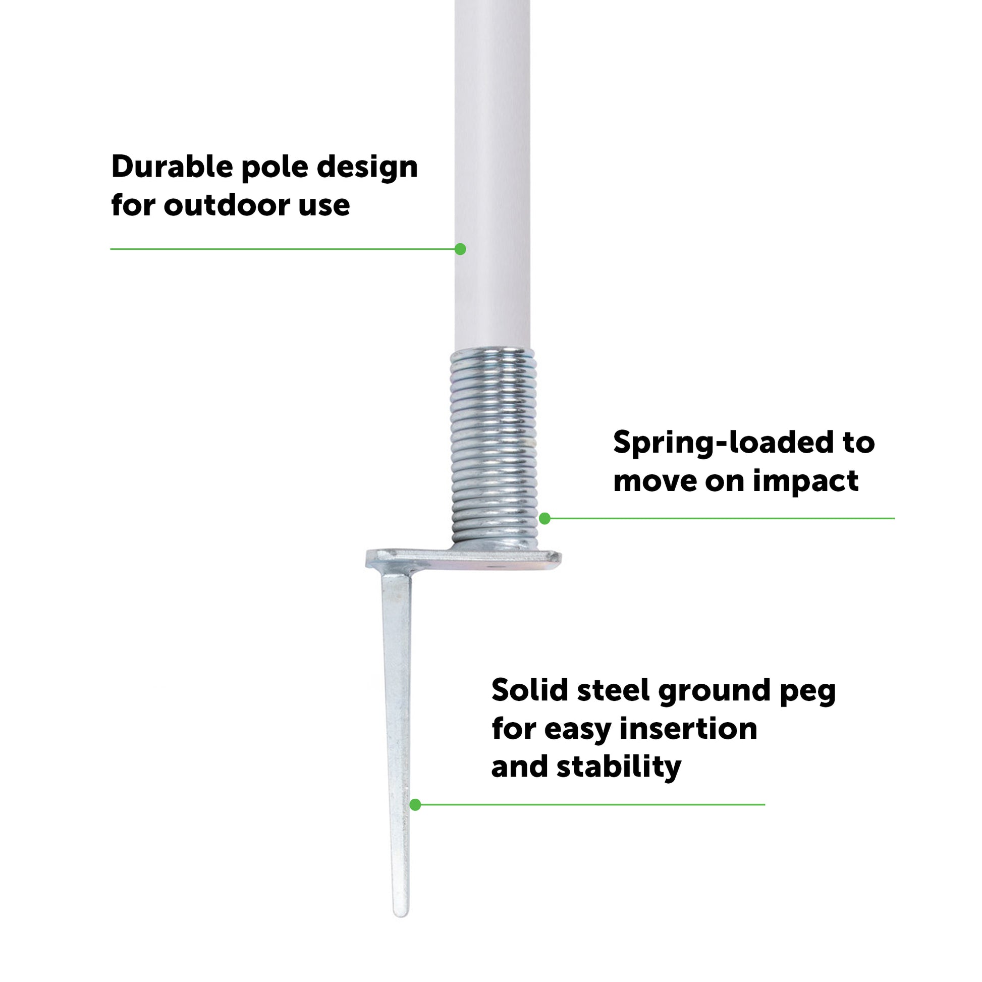 A close-up of Official Corner Flags (With Spring Base) showing a durable outdoor pole, spring base for impact movement, and solid steel ground peg for stability. Set includes 4 flags.