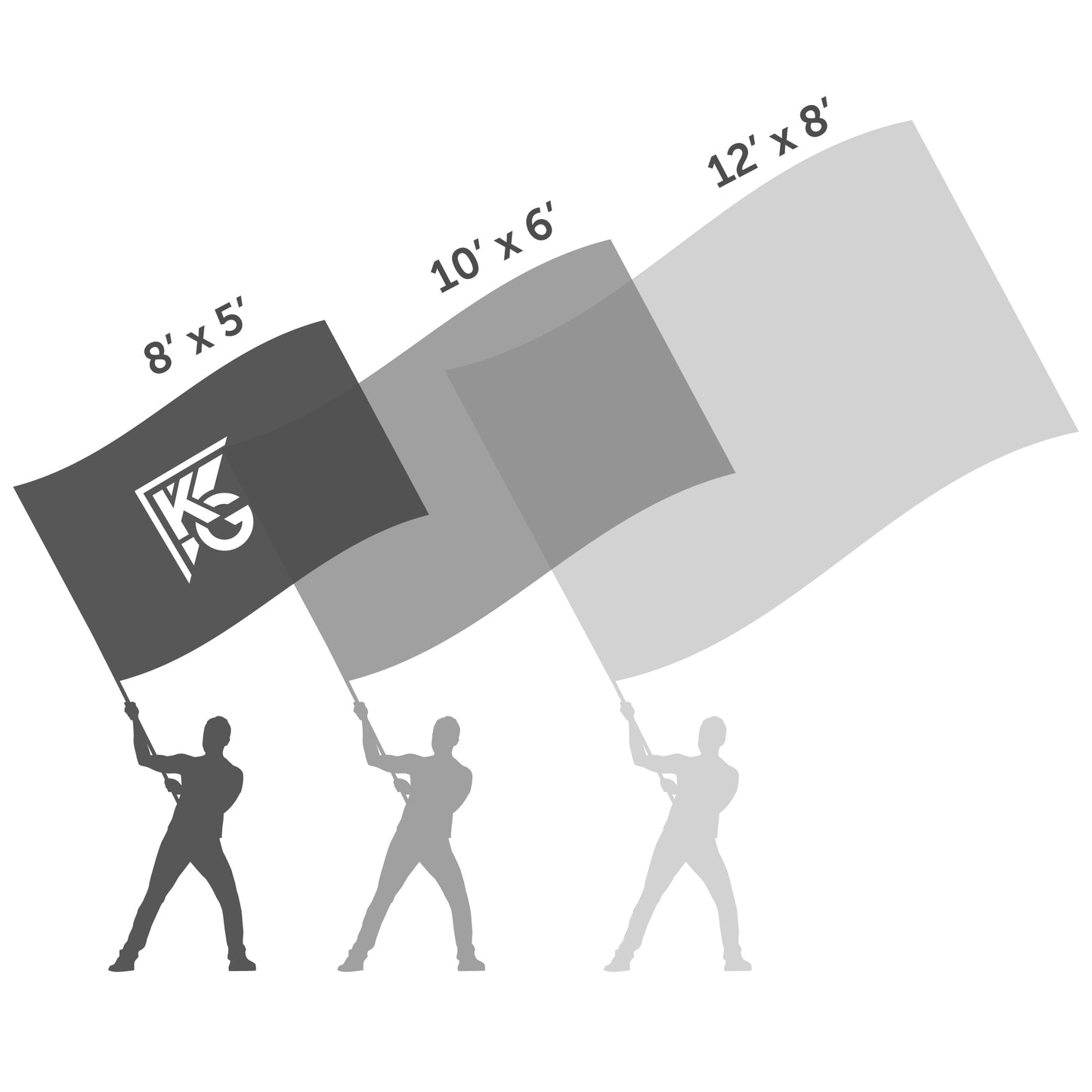 Silhouette of a person with an 8 x 5 Cheer Flag featuring the KG logo, shown beside outlines of larger 10 x 6 and 12 x 8 Cheer Flags—ideal spirit flags for making a bold statement and showing school pride.