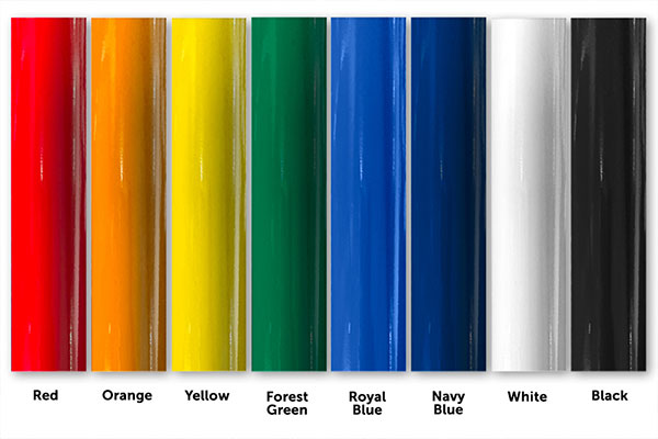 Eight vertical color swatches labeled from left to right: red, orange, yellow, forest green, royal blue, navy blue, white, and black. Each color is glossy and separated by thin white lines.