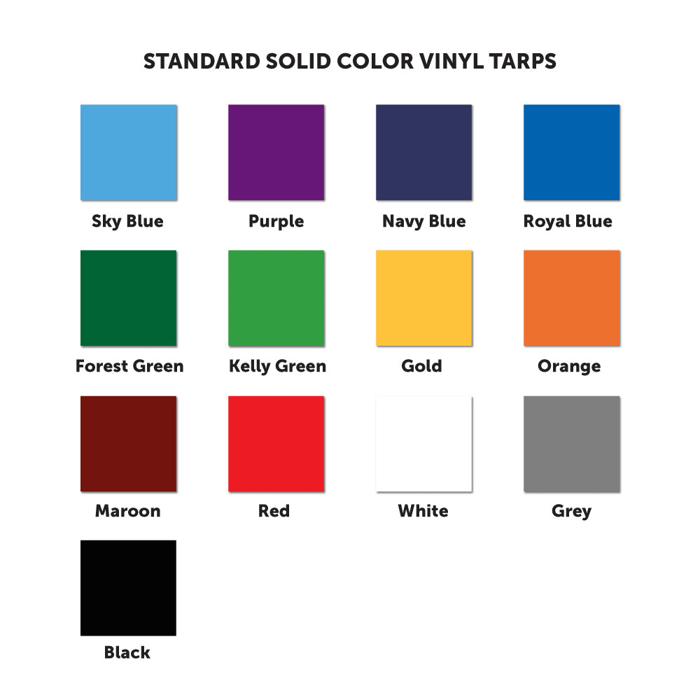 A chart displays twelve solid vinyl tarp color options for the Covered Athletic Team Bench—perfect for weather-resistant canopies or custom colors. Labeled squares: Sky Blue, Purple, Navy, Royal Blue, Forest Green, Kelly Green, Gold, Orange, Maroon, Red, White, Grey.
