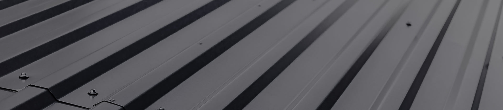 Close-up view of a dark gray corrugated metal roof with visible bolts and seams, showing the texture and pattern of the panels.