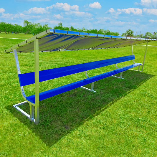 Covered athletic team bench. Royal blue bench seat and bench cover.