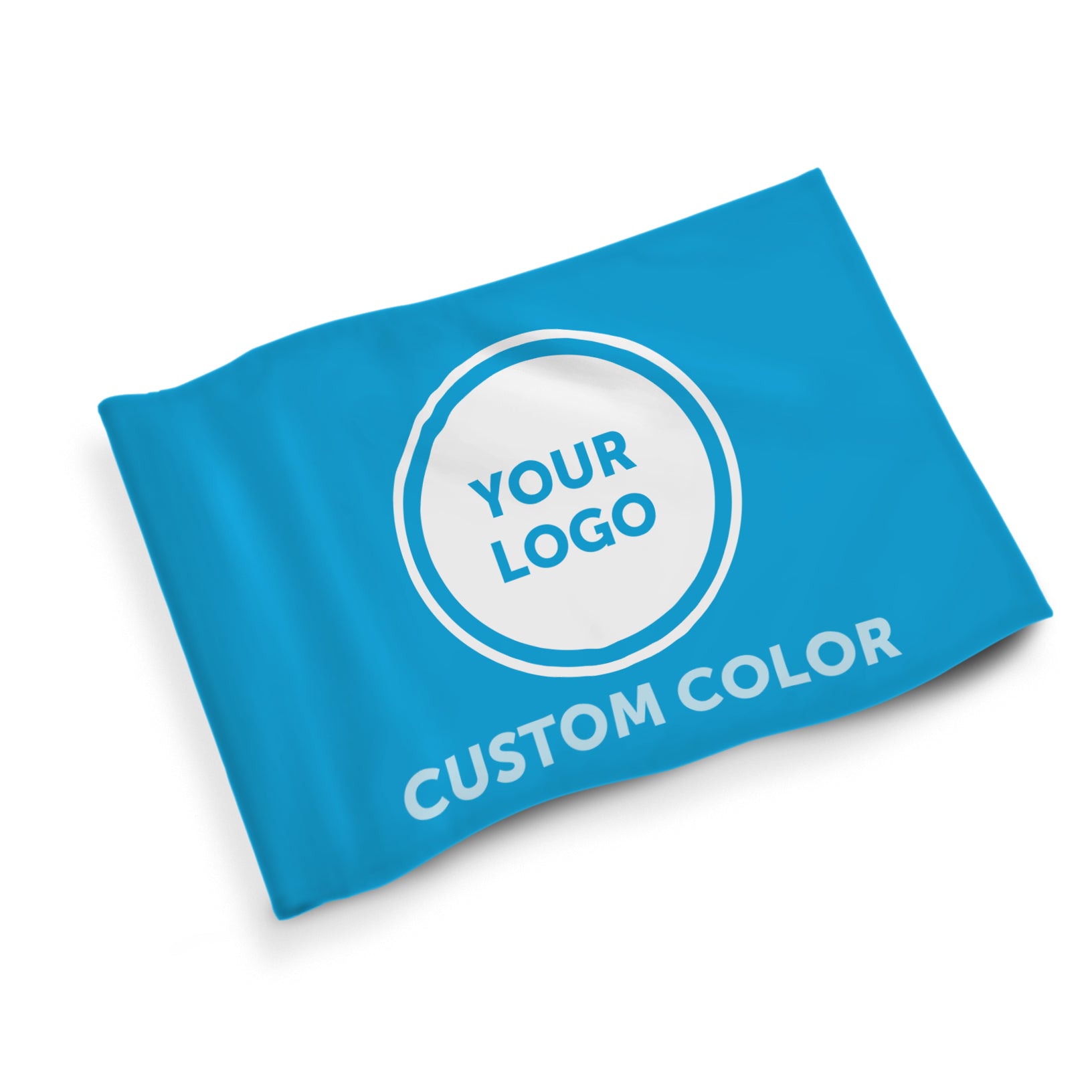 Custom Soccer Corner Flags: Blue flag with a white center circle displaying “YOUR LOGO” and “CUSTOM COLOR” below, perfect for showcasing your club or school logo. Ideal for custom corner flags, shown on a plain white background.