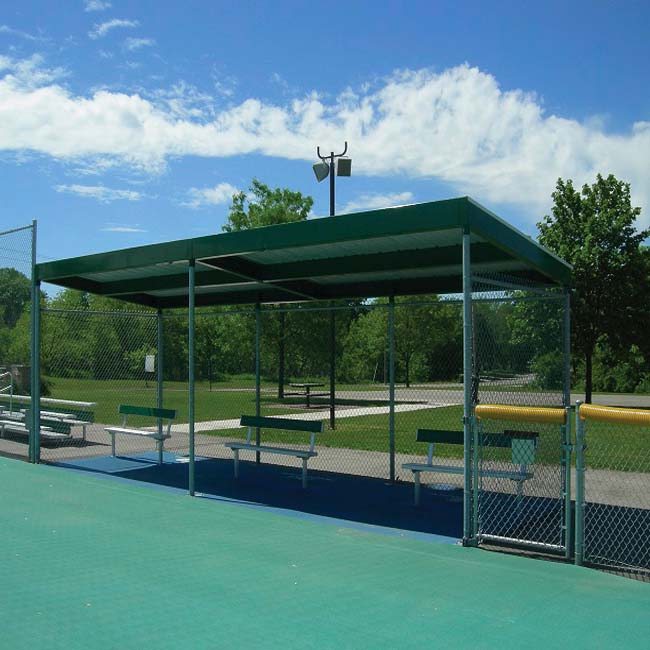 Model #DG1030. 10' x 30' World Series dugout powder coated green.