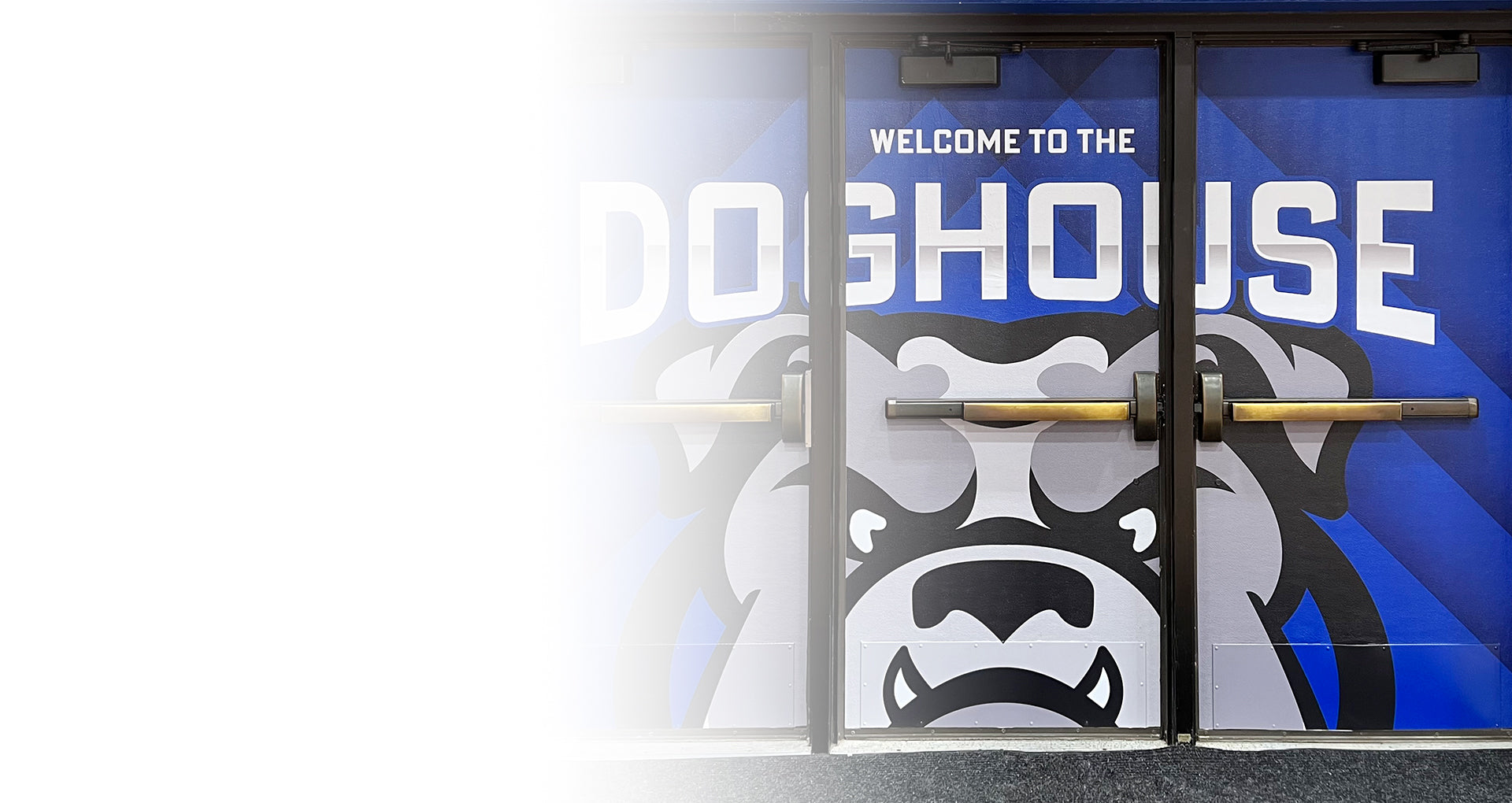 Blue double doors with a fierce dog face graphic and bold white text reading WELCOME TO THE DOGHOUSE above the handles; the left side of the image fades into white.
