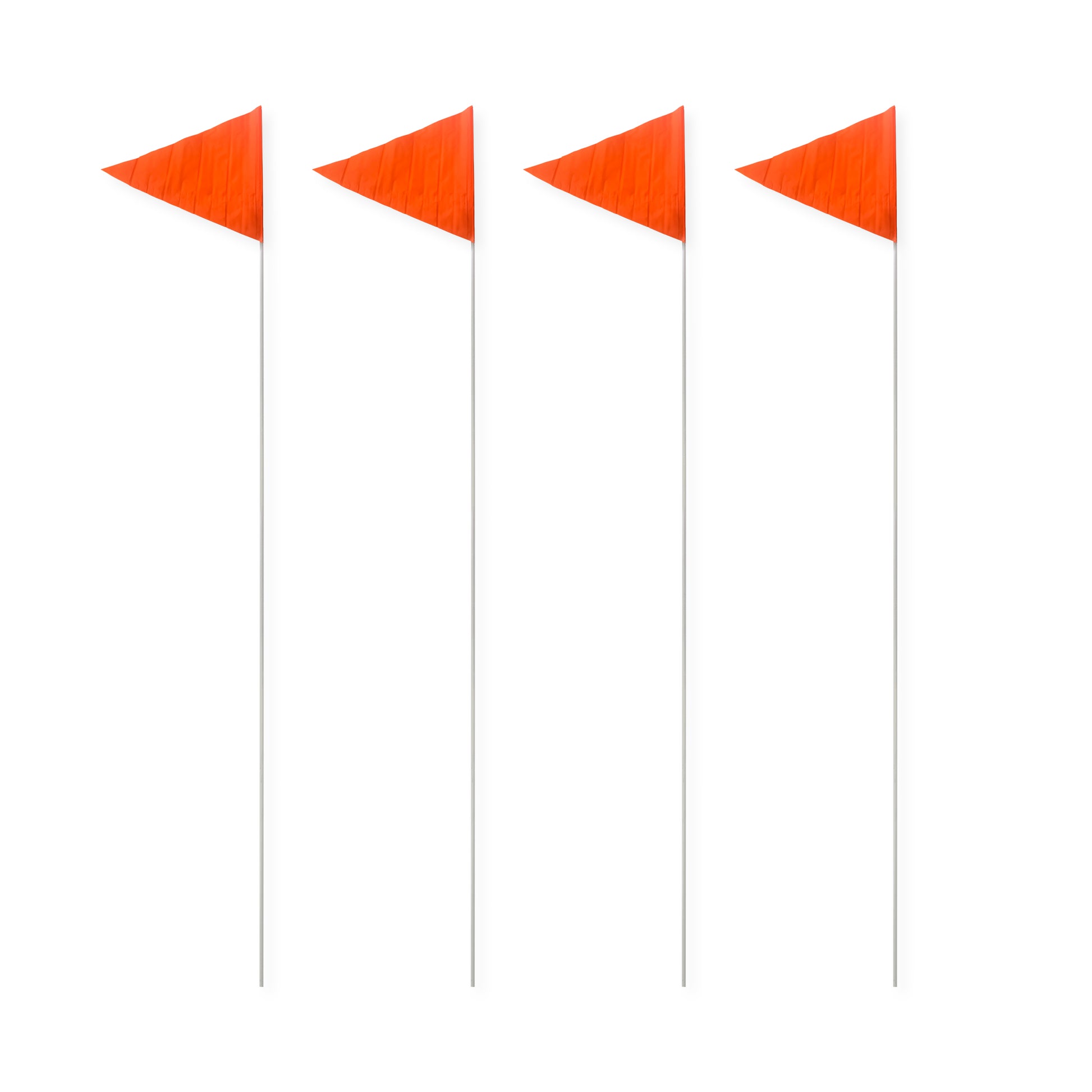 Four Economy Corner Flags with orange pennants on tall, thin fiberglass rods are evenly spaced in a row against a white background.