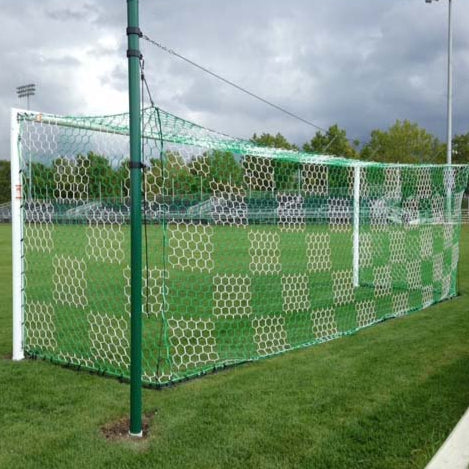 Model #ECONS80. Economy Stadium Cup soccer goal. Green and white checkered nets. Custom painted green back-up posts.