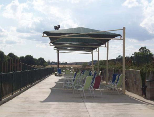 Model #RCPFSCH1248-12. 12'x48' Fabric cantilever shade for parks, stands and chairs.