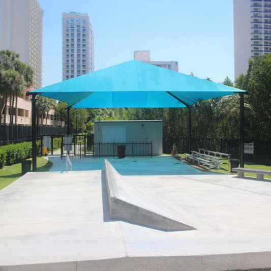 Model #RCPFSH3846-13. 37'-6"x46' Fabric shade structure with optional quick release corners.