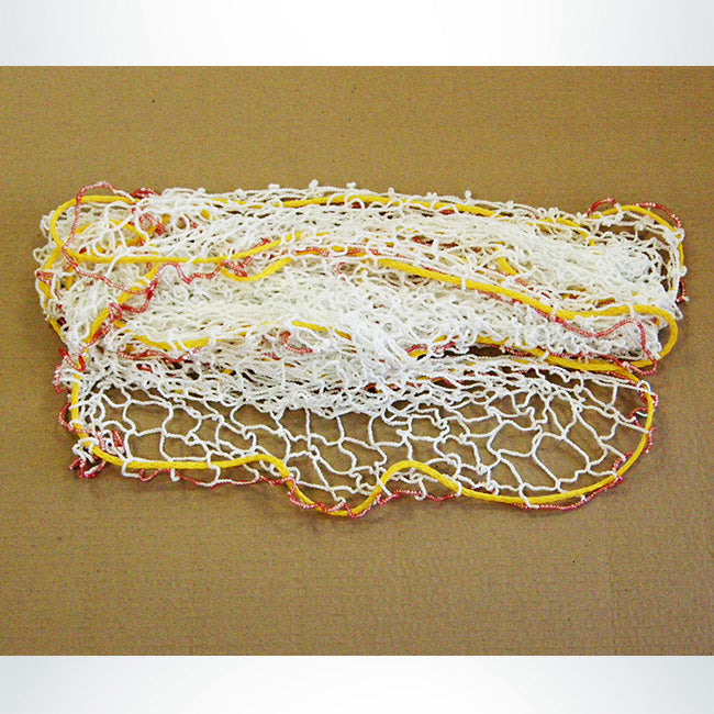 Model #GAIA. Interactive soccer goal net, white and yellow.