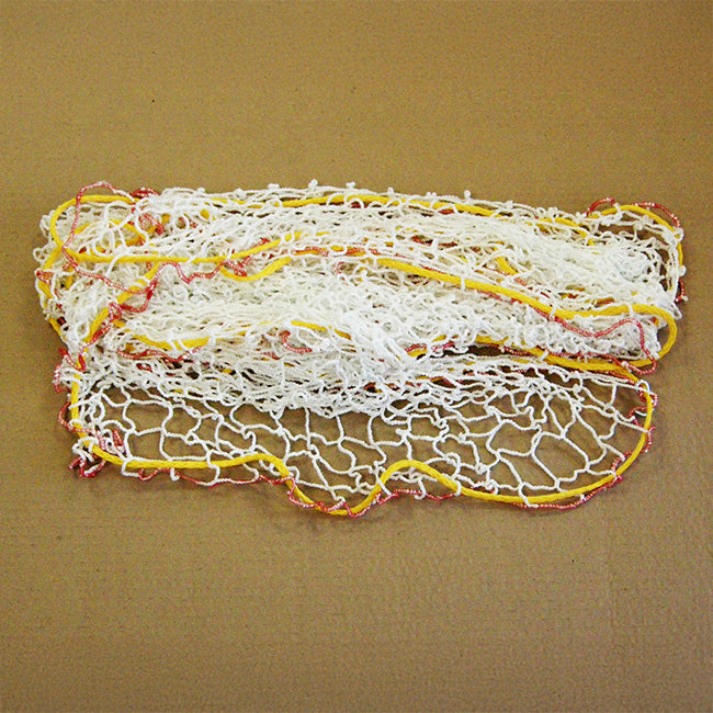 Model #GAIA. Interactive soccer goal net, white and yellow.