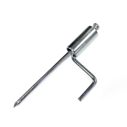 The Replacement H-prong Base (PowrNet) is shown on a white background; it features a metal cylindrical handle, straight shaft with Phillips tip, and an L-shaped crank—perfect for assembling Soccer Rebounder frames.