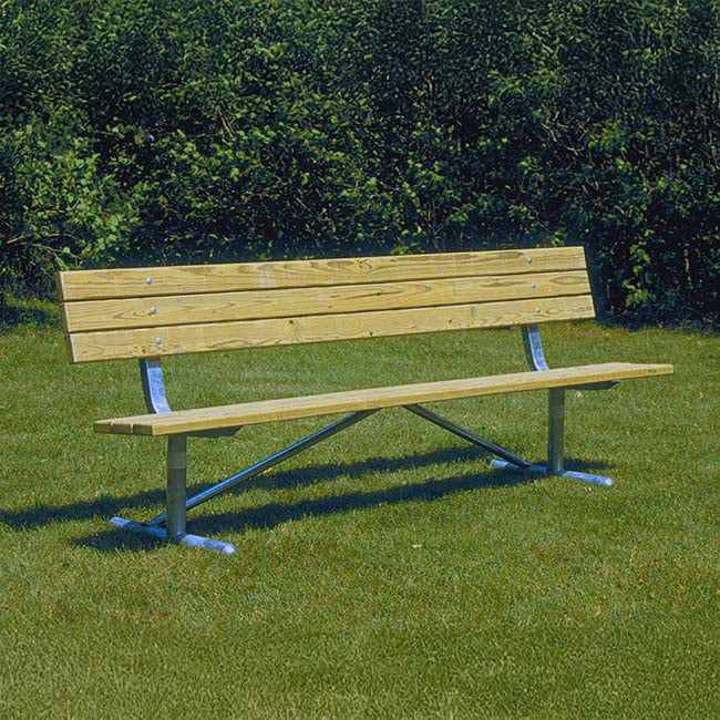 Model #GBWP6B. Wooden team bench with backrest and blue frame.