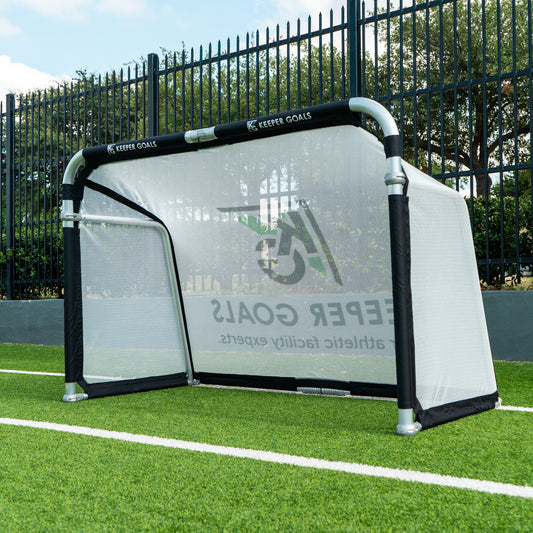 QuickFold 6' x 4' folding soccer goal with black trim, white net and Keeper Goals logo.
