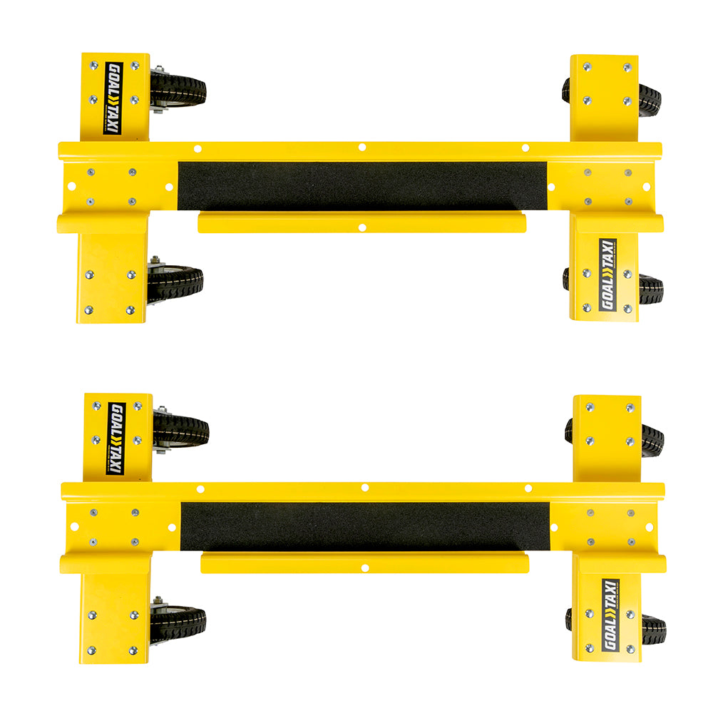 The Goal Taxi features two yellow metal brackets with black foam padding and coiled springs, perfect for mounting or supporting equipment such as an athletic facility dolly or goal transporter, shown parallel on a white background.