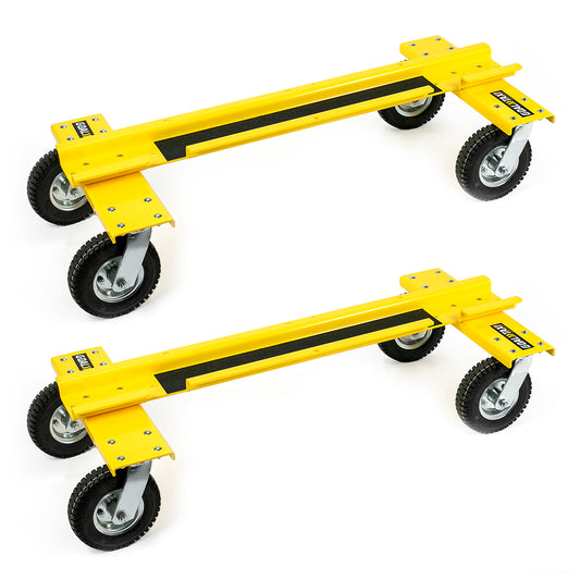 Two Goal Taxi yellow metal dollies with black stripes and heavy-duty pneumatic wheels, designed for moving athletic facility equipment, are placed parallel to each other on a white background.